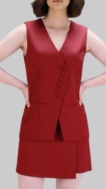 Dark Red Sleeveless Vest and Matching Skirt