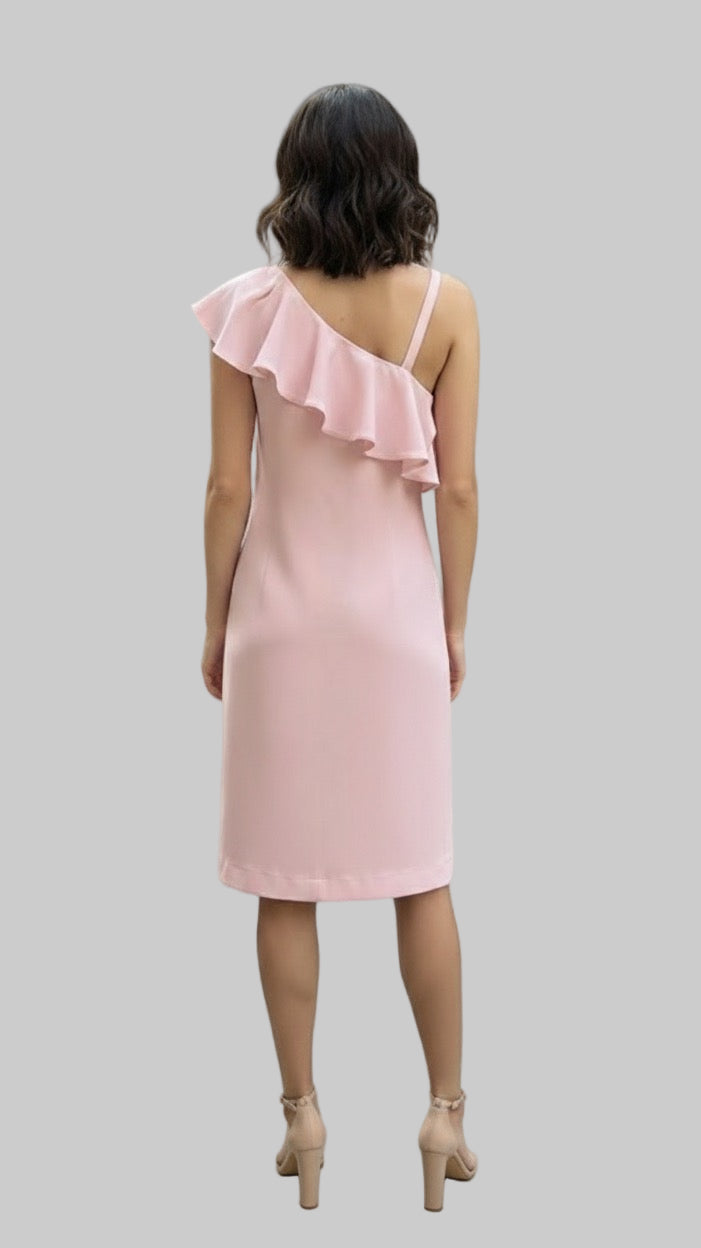 Off the Shoulder Neckline Dress with Truffle Detail on One Side