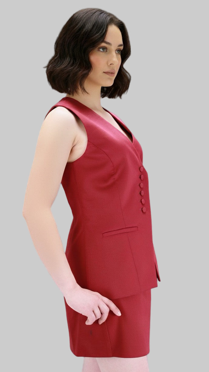 Dark Red Sleeveless Vest and Matching Skirt