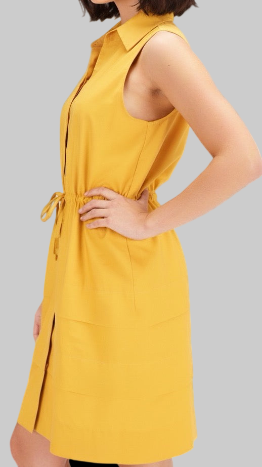 Deep Yellow Sleeveless Shirtdress with a Drawstring Waist