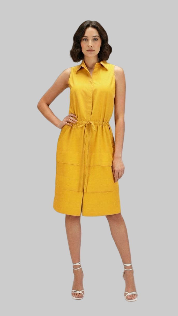 Deep Yellow Sleeveless Shirtdress with a Drawstring Waist