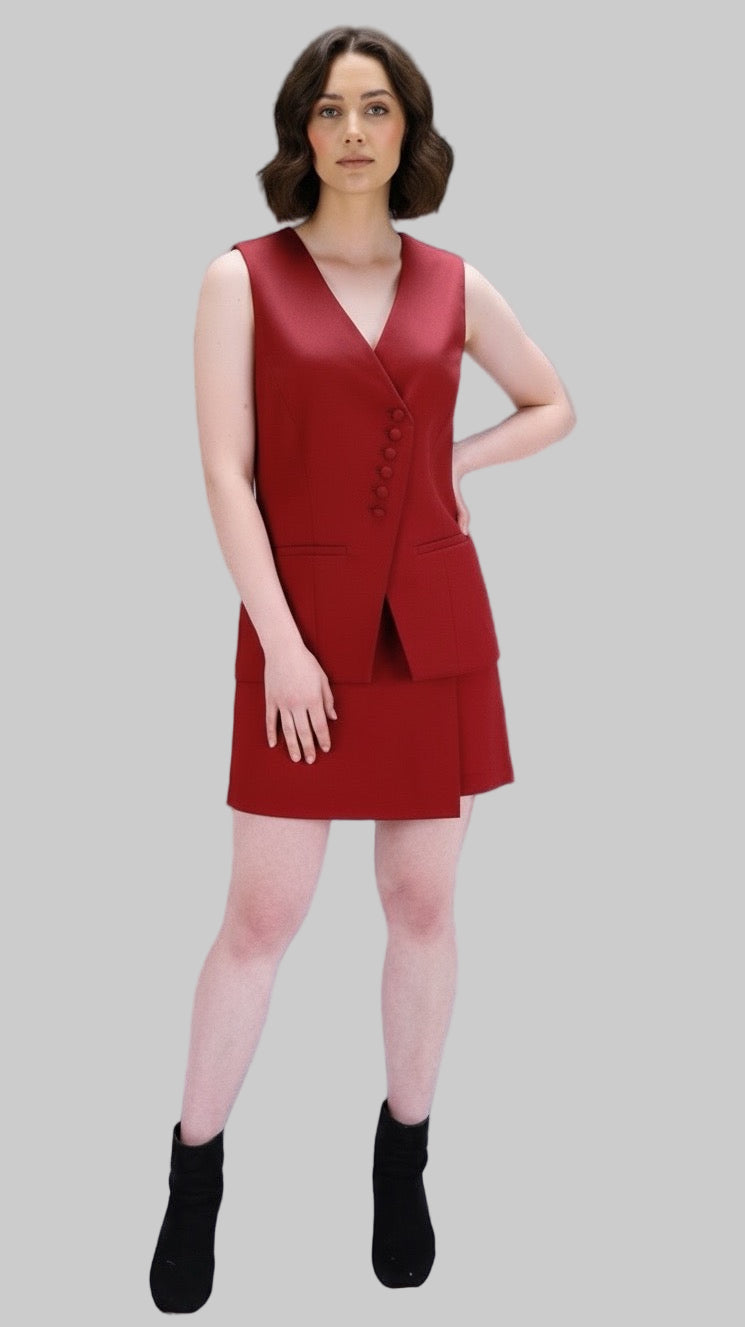 Dark Red Sleeveless Vest and Matching Skirt