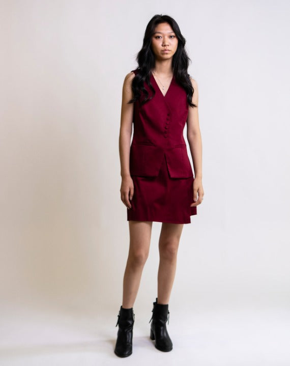 Dark Red Sleeveless Vest and Matching Skirt