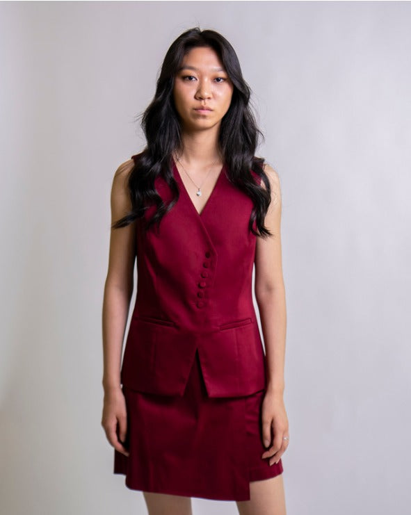 Dark Red Sleeveless Vest and Matching Skirt
