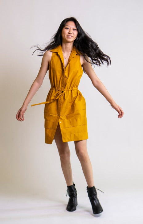 Deep Yellow Sleeveless Shirtdress with a Drawstring Waist