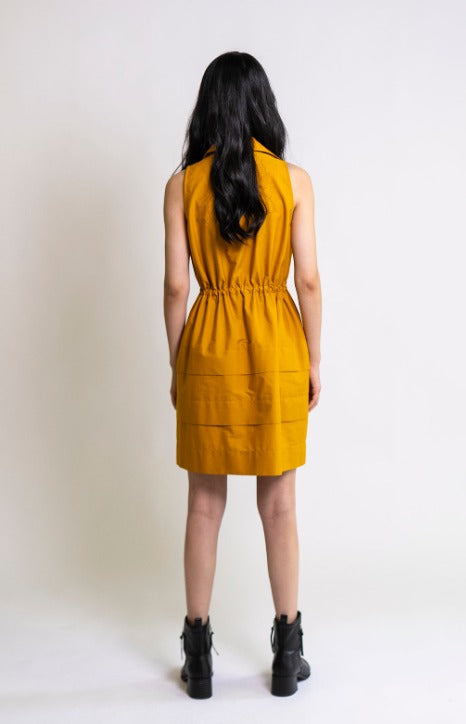 Deep Yellow Sleeveless Shirtdress with a Drawstring Waist